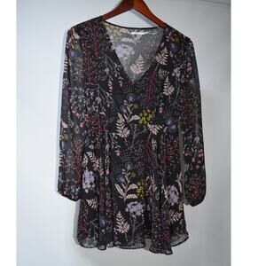 Kimchi Blue Black Botanical Floral Long Sleeve V-Neck Mini Dress Size 0